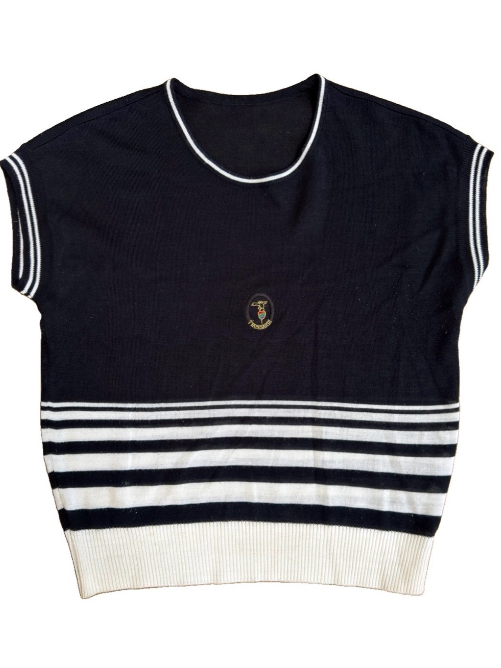Vintage 90s Trussardi Sleeveless Striped Sweater Luxury Retro Italy Black White